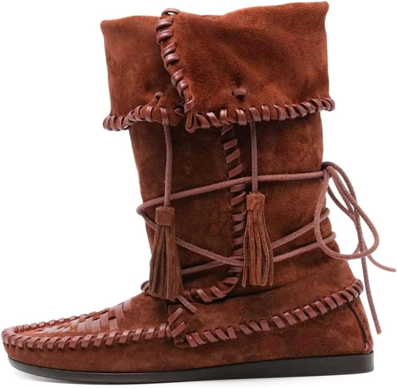 Slouchy Suede Boots with Woven Fold Over Boot Western Booties with Whipstitched Tassels Casual Ankle Boots Flat for