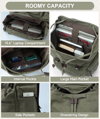 Vintage Canvas Backpack for Men Olive Green Rucksack Fit 15.6 inch Laptop Retro Flap Daypack for Casual Hiking Travel Commute4