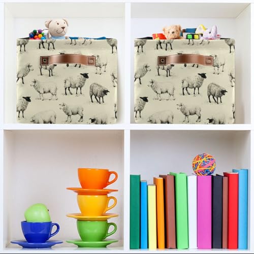 Image of Kigai Cute Sheep Storage Basket with Handles Waterproof Collapsible Storage Bin Canvas Fabric Basket Decorative Box Closet Organizer for Nursery Bedroom Office