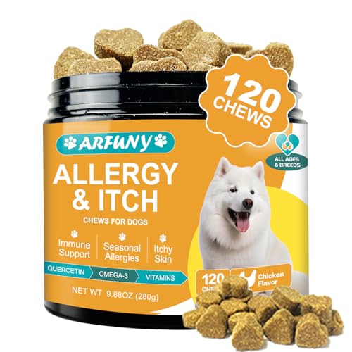 Allergy für Hunde - Gegen Juckreiz - Beruhigt juckende Haut, Pfoten, Ohren - Immunsystem Stärken - Für Hunde, die kratzen, jucken & lecken - Mit Huhn Geschmack, 120 STK