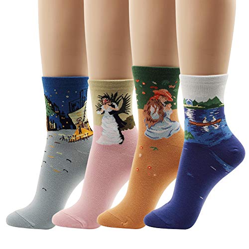Women Novelty Dress Crew Cotton Socks Artist Painting Rainbow Pattern 4 pairs calcetines (6.Famous Painting, Fit Womens Shoes Size : US 5-9)