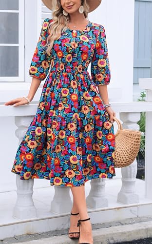 Image of Kormei Women Summer Casual Boho Floral Round Neck 3 /4 Sleeve Smocked Waist Tiered Flowy Swing Midi Dress L Black /Red