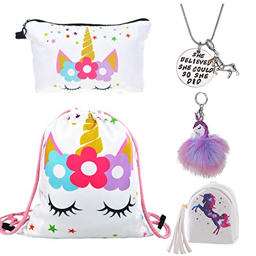 DRESHOW 5 Piezas Unicornios Regalos para Niñas: Mochila con Cordón Maquillaje Bolsa