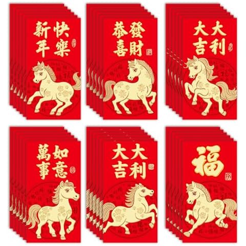 36 Pcs Chinese New Year Red Envelopes 2026 Horse,Lunar New Year Card Lucky Money Envelope Hong Bao Cover