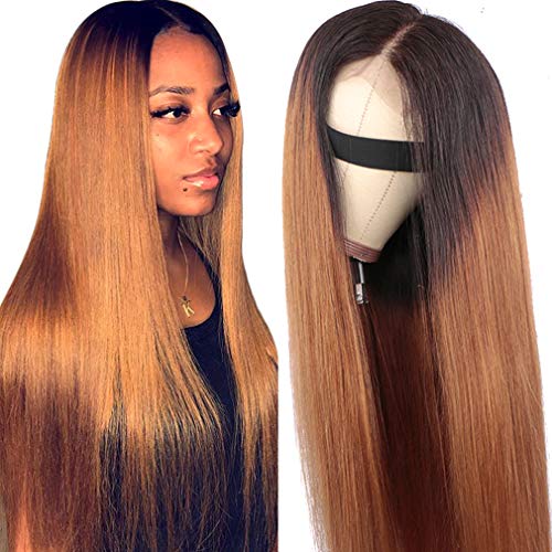 Haha Ombre Lace Closure Human Hair Wig Straight 4x4 Closure Wig 1b/30 Ombre Brown Human Hair Lace Front Wig Pre Plucked for Black Women 150% Density 20 Inches
