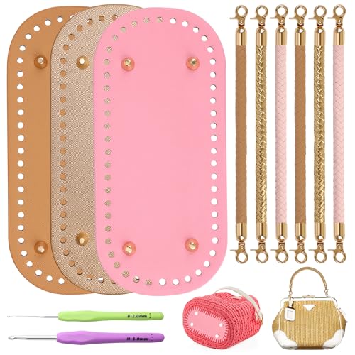 Coitak 3 + 6 bases de bolsa para crochê com alças trançadas para fazer bolsas, 2 agulhas de crochê, 3 cores de calça de couro para crochê, alças de bolsa de 30 cm (rosa, dourado, cáqui)