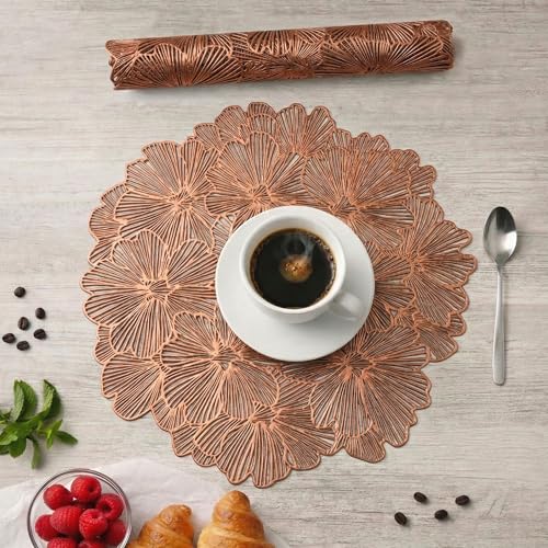 Image of Kuber Industries 4 Pcs Set Leather Side Table Mats | Washable Placemat /Dining Table Mat for Wedding and Family Functions | Flower Round Design - Copper