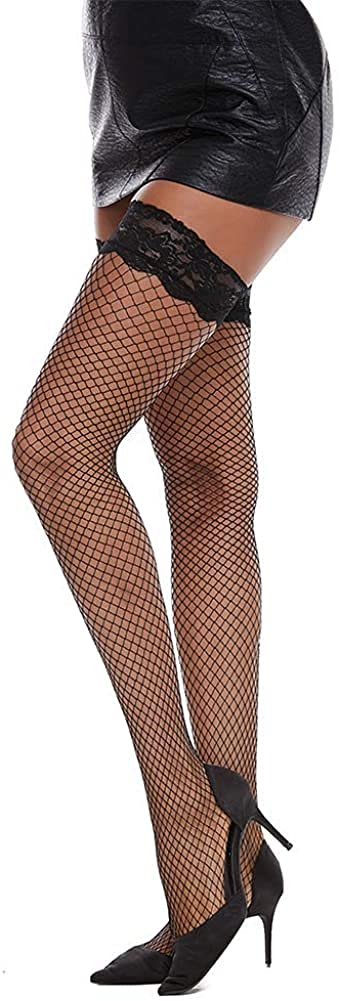 Lace Top Fishnet Thigh High Stockings Silicone Top Stay Up Tights for Women Black, Free Size