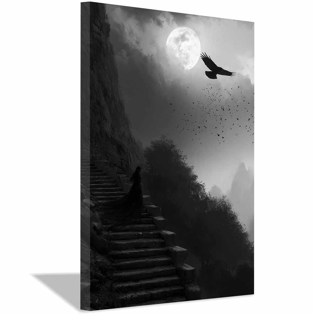 XENIOU Black White Canvas Print Moon Ravens Gothic Landscapes prints for walls, decorative paintings for Living Room Bedroom Home Decoration(Multicolor)-70x100cm Framed