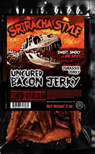 Sriracha Hot Sauce Bacon Jerky - Hot Uncured Bacon jerky with hot sauce and pepper. Sweet with Heat, Exotic bacon jerky snack pack 2 Oz