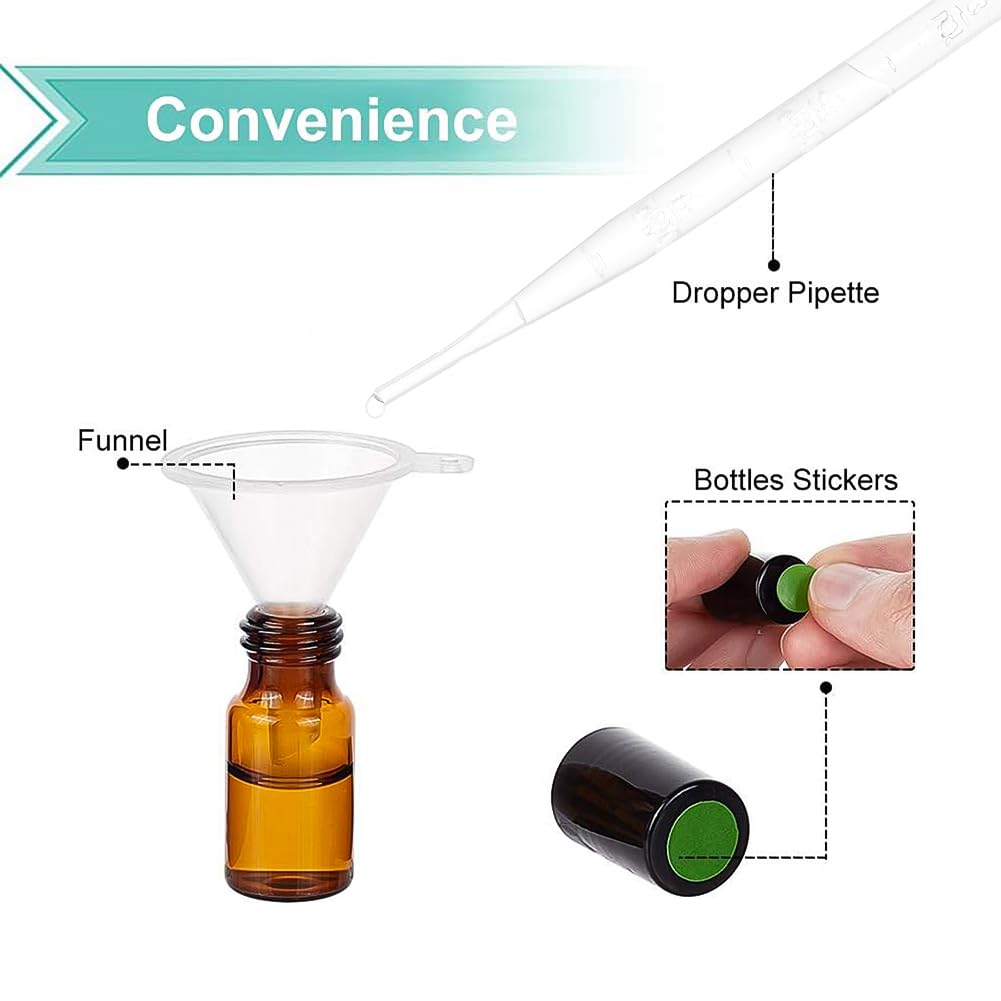 BENECREAT 30 PACK 3ml Amber Glass Roller Bottle with Black Mini Brown Essential Oil Roll on Bottle with 4PCS Hoppers - Image 4