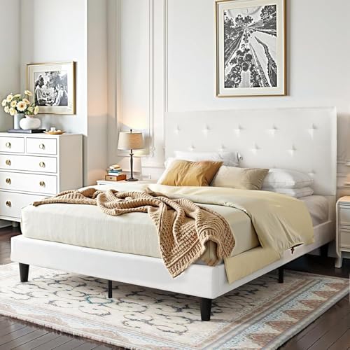 El Mejor Listado de Cabeceras de Cama Queen Size de esta semana. 46 GOBUYUN Marco de Cama Queen Base con Cabecera, Marco de Cama Tapizado con Listones de Madera Resistentes, No Necesita Somier, Cama Tamaño Queen (Blanco-B, Queen)