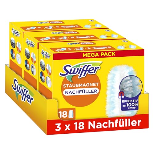 Swiffer Staubmagnet Nachfüllpackung, 54 Tücher (3×18), Fängt Und Schließt 3-mal Mehr Staub Und Haare Ein Als Herkömmliche Staubwedel