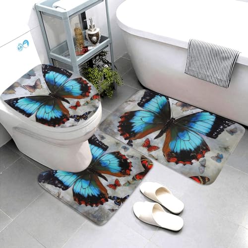 Dwrepo Butterfly Print Bathroom Rug Set 3 Piece with Non-Slip U-Shaped Contour Mat and Toilet Lid Cover for Bathroom Decoration