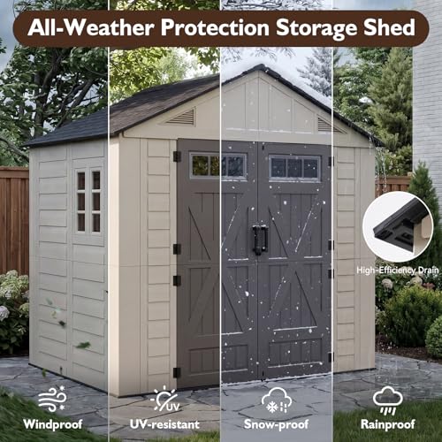 Image of LazySunsets 8x6 Ft Outdoor Storage Shed with Light, Large Resin Outdoor Shed with Floor Included, Windows & Lockable Door, Garden Plastic Storage Sheds for Bike, Lawn Tools, Garbage Can