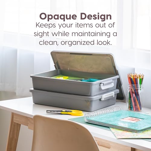 IRIS USA 6 Qt. Plastic Craft Storage Container Bins with Lids, 2 Pack, Small Art & Office Supply Organizer Tote, Sensory Bins & Boxes for Home & University, Stackable, Secure Latch Buckles, Gray by IRIS USA - Used condition - Image 4
