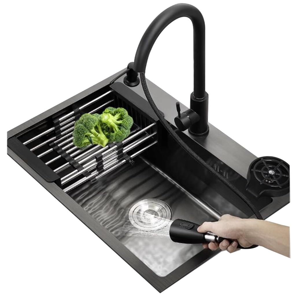 Siphon d'évier de cuisine avec robinet de lave-glace en verre Préparer l'évier Colis de comptoir Lavabo de piscine à eau, acier noir - 72 x 45 x 20 cm