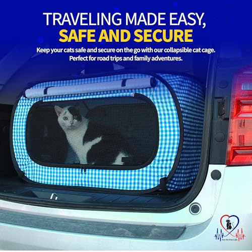 Image of Pet Fit For Life Extra Large Cat Carrier for Travel - Foldable & Portable Collapsible Kennel with Litter Box, Feather Toy & Water /Food Bowl - Ideal for Cars, Long Trips & Indoor Cats - Teal Checkers