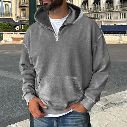 Men's Washed Vintage Quarter Zip Lightweight Hoodie Stand Collar Long Sleeve Pullover with Pockets2