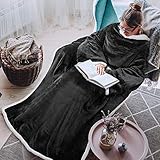 Tirrinia Sherpa Wearable Blanket for Adult Women and Men, Super Soft Comfy Warm Plush Throw with Sleeves TV Blanket Wrap Robe Cover for Sofa, Couch 72' x 55' Black