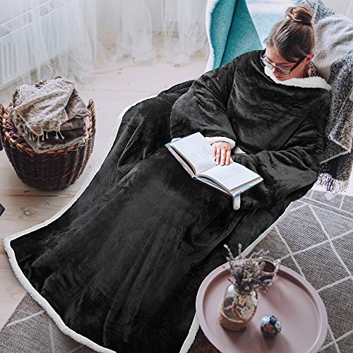 Tirrinia Sherpa Wearable Blanket With Sleeves, Full Body Throw Reading Wrap TV Blankets, Cozy Blanket Robe, Snuggle Gift for Adult Women Men Mom Grandma