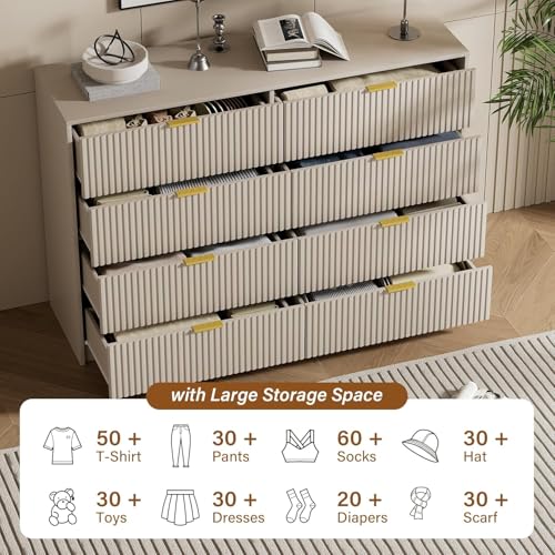 Image of Furniway Modern Beige 3-Piece Dresser Bedroom Set, Fluted Wood 8 Drawer Dresser with Gold Handles and 2 Drawer Nightstands, Chest of Drawers for Bedroom, Living Room, Entryway