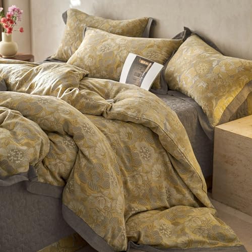 VM VOUGEMARKET Yellow Flower Duvet Cover Queen,3 Pieces Retro Jacquard Golden Floral Bedding Set,Linen Cotton Yarn-Dyed Textured Duvet Cover with Zipper Closure