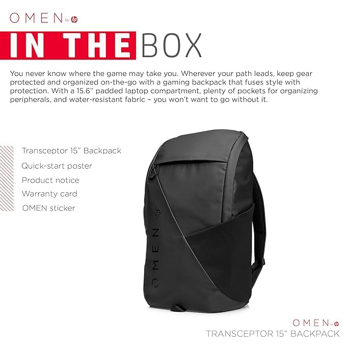 Image of HP OMEN Transceptor 15 Backpack, 15.6 inch, 20L Capacity, Water Resistant, Padded Laptop Compartment, Ergonomic Design, Trolley Pass-Through