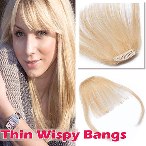 Clip in Hair Bangs Human Hair Clip on Hair Fringe Extensions Flat Wispy Air Fringe Thin with Temple for Women One-piece 5" Hairpiece #613 Bleach Blonde