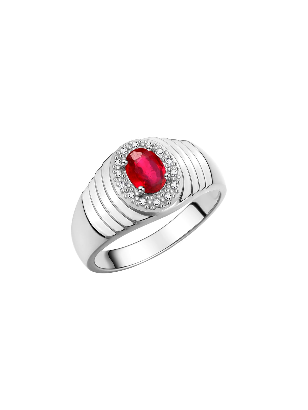 RYLOS Mens Rings Sterling Silver Classic Halo Of Genuine Diamonds 7X5MM Oval Gemstone Designer Ring Ruby July Birthstone Rings For Men, Men's Rings, Silver Rings, Sizes 8,9,10,11,12,13