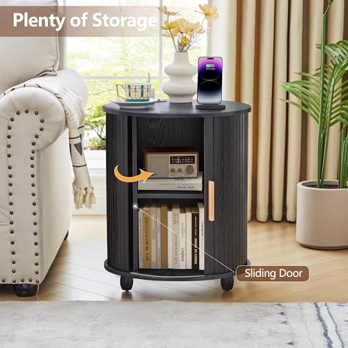 Image of 18 inch Round End Table, Modern Wood End Side Table with Charging Station - 2 AC + USB + Type-C, Fluted Nightstand with Sliding Door for Living Room, Bedroom (18 Inch, Black)