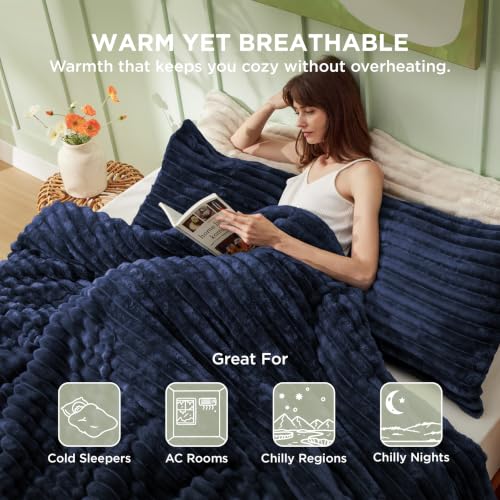 Image of Bedsure King Fluffy Comforter Set - GentleSoft 3 Pieces Luxury Fleece Navy Bedding, Cozy Room Decor Aesthetic, 1 King Bed Comforter (104 inchx90 inch) and 2 Pillowcases (20 inchx36 inch)