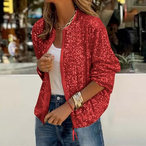 Women's Sequin Bomber Jacket Long Sleeve Zip Up Sparkly Glitter Shiny Party Coat Ladies Casual Holiday Outwear4