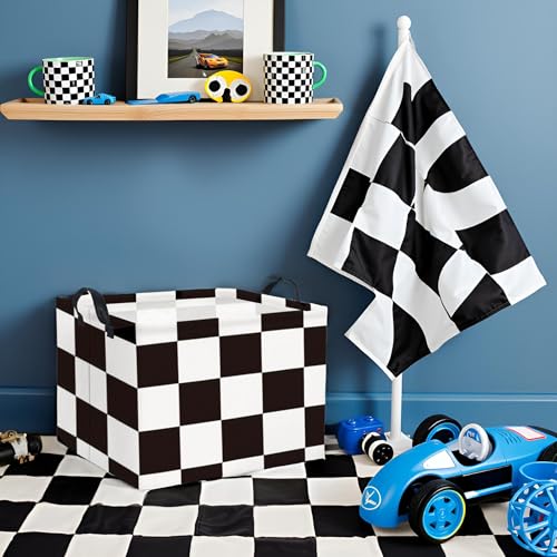 Image of Rectangular Checkered Basket Storage Bin Collapse Storage Basket with Handles for Organizing Home Kitchen Boys and Girls Toys Office Closet Shelf Baskets (Race Flag)
