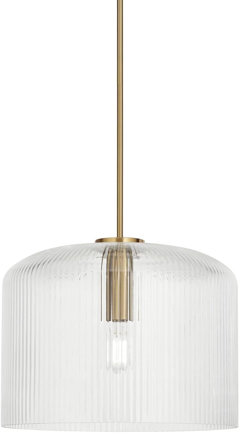 Possini Euro Design Lallie 18" Modern Art Deco Pendant Ceiling Light Fixture Dining Room Over Table Kitchen Island Foyer Drum Hanging Warm Brass Finish Ribbed Glass Hallway Entryway Living Room