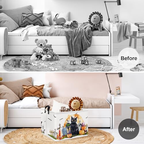 Image of Clastyle Large Spooky Halloween Baby Gift Basket Stuffers Boy Girl Pumpkin Bat Graveyard Boo Nursery Bin Kid Book Toy Box Collapsible Clothes Organizer for Bedroom,Cat,40 * 30 * 30 cm