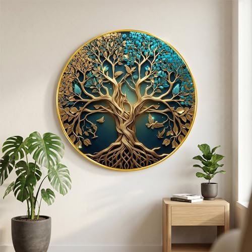 Image of SAF Tree of Life Wall Painting with Birds Golden PVC Frame Round Luxury Nature Art Modern Decorative Wall Decor for Living Room Bedroom Office Home Elegant Gift Item (20 x 20 Inch) GRL-363
