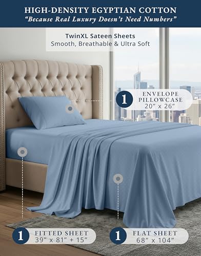 Image of LANE LINEN Twin XL Sheets Pattern 100% Egyptian Cotton Sateen - French Blue | Twin XL Deep Pocket Sheet Sets - 3-Piece Set, Ideal For Dorms And Adjustable Beds, For A Luxurious Night's Sleep