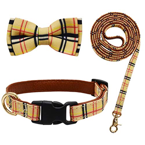 Bowtie Dog Collar and Leash Set Classic Plaid Adjustable Dogs Collar with Removable Bow Tie for Small Medium Large Dogs Small