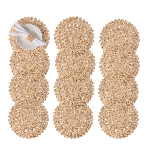 Image of Laquedecraft 13.8 inch Set of 12 Round Corn Husk Placemats | Boho Wovean Rattan Table Mats | Farmhouse Wicker Spring Plate Chargers Like Water Hyacinth, Seagrass Table Mats