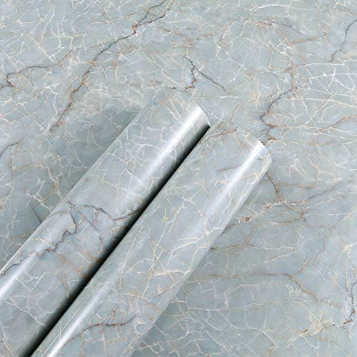 MULLSAN 24''x118'' Marble Paper Granite Beige Wallpaper Peel and Stick for Countertop Cabinet Furniture Renovated Thick Waterproof PVC (Lake Green)