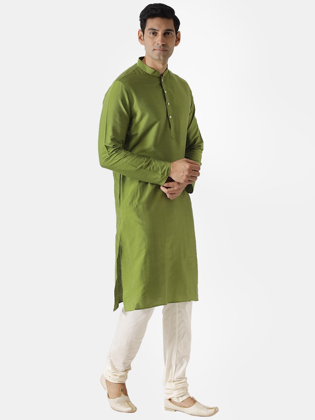 Kisah Men Green Thread Work Kurta Full Sleaves, Knee Length, Straight, Regular Fit, Mandarin Collar Ethnic Wear