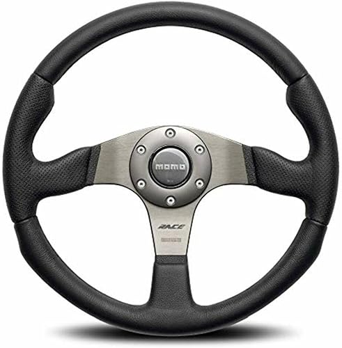 MOMO RCE35BK1B - Volante de carrera de 13.780 in - Agarre de cuero negro premium con radios antracita, volante ligero de rendimiento de calle y