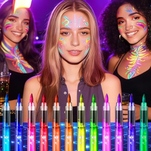 YAYNO 12 Couleurs Stylos de Peinture pour le Visage UV Fluo Marqueurs de Peinture Corporelle Phosphorescents Marqueurs de Tatouage pour La Peau...