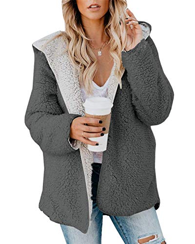 ReachMe Womens Oversized Sherpa Jacket Fuzzy Fleece Teddy Coat with Pockets Open Front Hooded Cardigan(Dark Grey,XL)