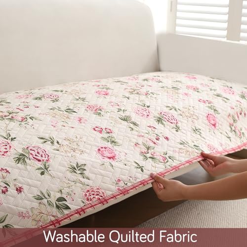 Image of HOKIPO 'HomeHues Series' Printed Quilted Sofa Seat Mat for 1 Seater Sofa with 2 Armrest Covers with Pockets, Beige Peonies (IN-806-D3 + IN-814-D3*2)