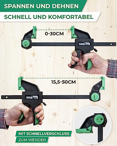 SMABIX® Einhandzwingen 2er Set zum Spannen, Dehnen, Fixieren mit einer Hand, 71Kg Spannkraft, Spannweite 300 mm, Dehnbereich 155mm - 500mm, Einhandzwinge, Zwingen, Schraubzwingen, Schnellspannzwinge