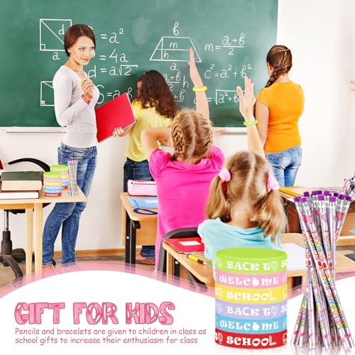 Sabary-48-Pcs-Welcome-Back-to-School-Pencils-Rubber-Bracelets-Back-to-School-Supplies-Set-School-Party-Favors-First-Day-of-School-Gifts-for-Kids-Kindergarten-Students-Teacher-Reward Sabary 48 Pcs Welcome Back to School Pencils Rubber Bracelets Back to School Supplies Set School Party Favors First Day of School Gifts for Kids Kindergarten Students Teacher Reward