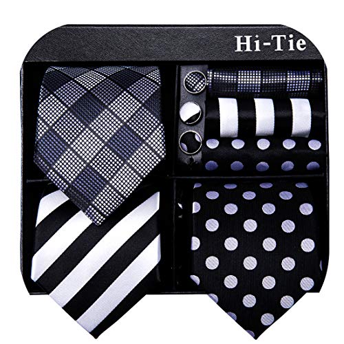 Image of Hi-Tie 3 Pcs Gift Box Mens Tie Set Necktie with Pocket Square Cufflinks Lapel Pin Silk Neck Tie Collection