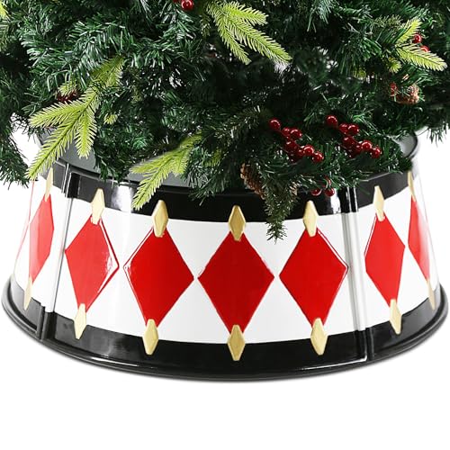MINHOU-MINFEI Metal Christmas Tree Collar, 26 in Round Christmas Tree Base Collar for Artificial Tree Decorations (Black White Red Gold Drum Style)